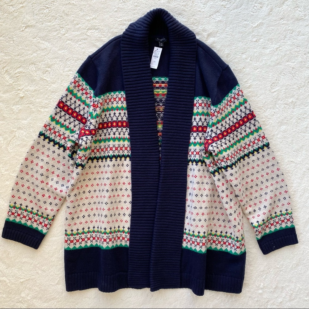 Talbots nordic fair Isle Icelandic open front cardigan sweater 2X colorful